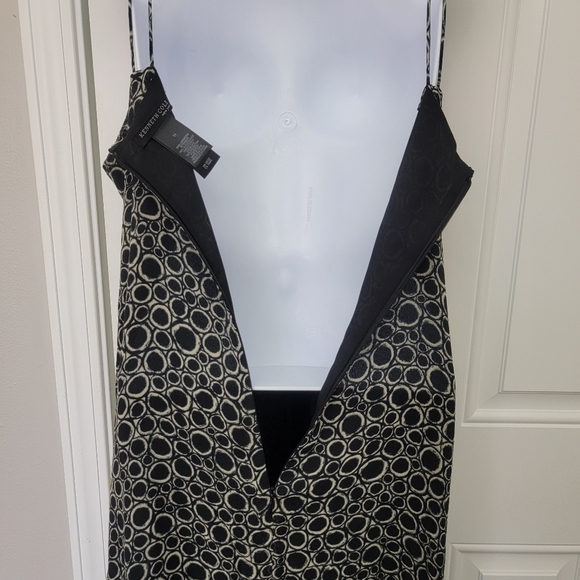 NWT Kenneth Cole 100% Silk Sleeveless Dress Waist Tie Black Cream Circles Sz 14 - Picture 8 of 13